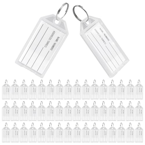 50 Pièces Porte Clef Etiquette, Porte Clé étiquette Plastique, Porte-Clé à Etiquette avec étiquettes en Papier Vierge Lignées pour école, Maison pour...