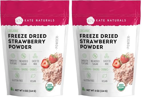 Kate Naturals Organic Freeze Dried Strawberry Powder for Baking & Drinks. Natural Strawberry Flavoring for Cakes, Icing & Smoothies (4oz, No Added Sugar) (Pack of 2)