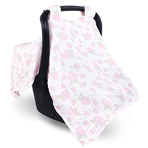 Image of Hudson Baby Unisex Baby Muslin Cotton Car Seat and Stroller Canopy, Pink Rose, One Size