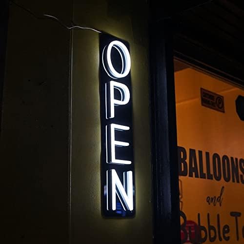 HiNeon Vertical Neon Open Sign, 26inx5in Vertical LED Open Sign for Business, Bar, Shop Windows, Restaurant Storefront, Direct Plugin w/ 12V Adapter & Remote Control w/ 6 Modes (White)