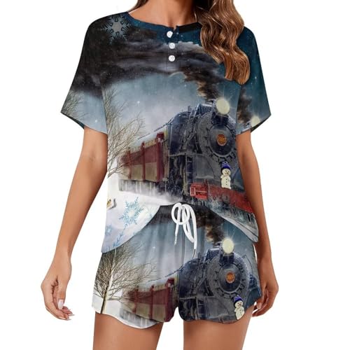 Pyjama court femme Retro Train en coton léger pour l'été