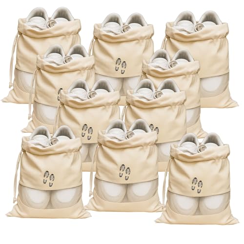 JUNERUSH Shoe Bag for Travel | Cotton Canvas Resuable Shoe Bag Pouches | Travelling Shoe Covers for Storage | Shoe Travel Bag for Men Women | Cotton Canvas Pouch (Pack of 10)