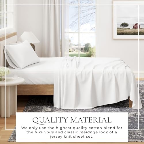Image of Great Bay Home Cotton Jersey Knit Twin /Twin XL Sheet Set - Ultra-Soft, Stretchy, Heathered Melange Bed Sheets - Cozy, Soft T-Shirt Sheet & Pillowcase Set (Winter White)