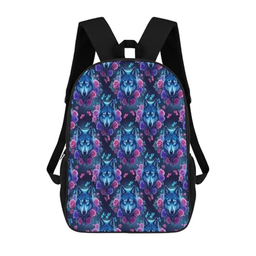 Adults Backpack for Women Men, Rose Wolf Flower Butterfly Art Lightweight Spacious Travel Daypack, Reusable Outdoor Shoulder Bags for Hiking, Picnic