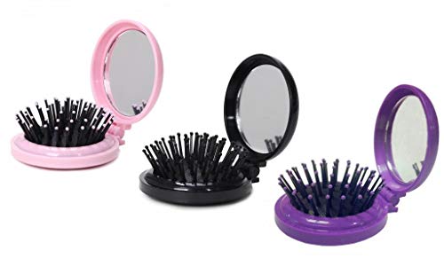 Louise Maelys 3pcs Round Folding Hair Brush with Mirror Pocket Hair Comb for Travel Gift Idea