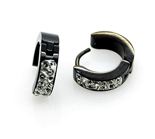 Mens Stainless Steel Hoop Earring Studs Jewelry Black"2 Line Crystal" 2pcs