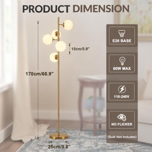Image of BOKT Brass Floor Lamp 5 Head Milk Glass Vintage Adjustable Reading Lamp