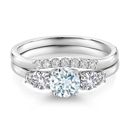 10K White Gold Sky Blue Aquamarine White Created Sapphire and White Lab Grown Diamond 5 Stone Bridal Engagement Wedding Ring Set For Women (0.87 Cttw, Round: 5MM and 3MM, Available in Size 5,6,7,8,9)4