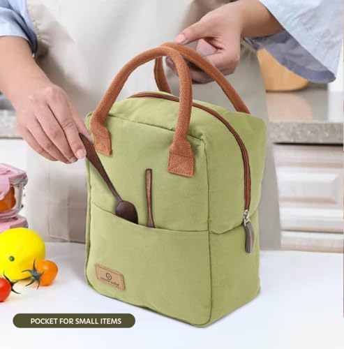 Yellow Weaves 100% Cotton Canvas Lunch Bag Reusable and Washable, Leakproof Keeps Hot & Cold, Lunch Bag for Men Women Kids Office Picnic School, (Big Size - Olive Green)