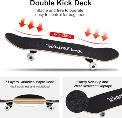 Image of WhiteFang Skateboards for Beginners, Complete Skateboard 31 x 7.88, 7 Layer Canadian Maple Double Kick Concave Standard and Tricks Skateboards for Kids and Beginners