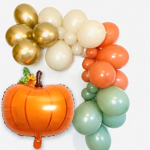 Image of Fall Balloons Garland Arch Kit, Burnt Orange Pumpkin Foil Balloons, Orange Green Sand White Gold Balloon for Little Pumpkin Baby Shower First Birthday Thanksgiving Fall Autumn Harvest Party Decoration