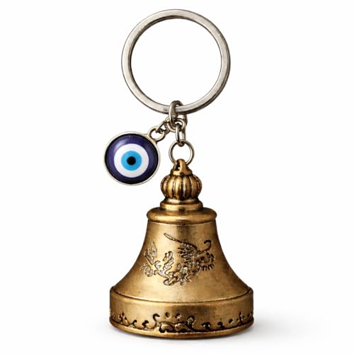 Image of Guardian Bell for Bike Riders, Guardian Bell Keychain with Evil Eye Charm, Metal Lucky Travel Amulet for Car Keys, Meaningful Gift for Men and Women (Antique Gold)