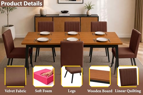 Image of Rosebell 6 Seater Dining Table Set with Cushioned Chairs | Modern Dining Table for Home, Dining Room & Kitchen | Black Metal Legs | Brown