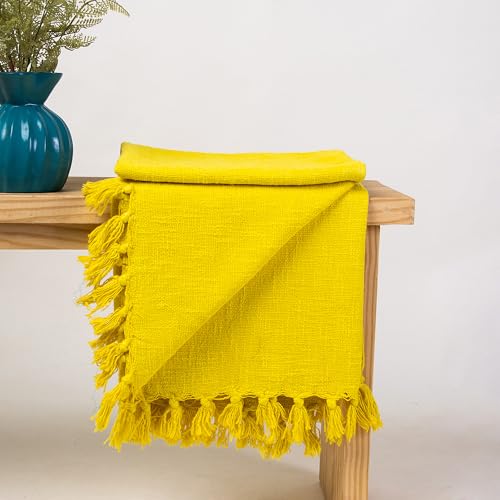 Image of Cotton Throw Handmade Sofa Blanket - Soft & Cozy 50X60 Inches, Premium Cotton, Lightweight & Stylish for Sofa, Bed, Living Room, Bedroom - Elegant Home Decor (Yellow)