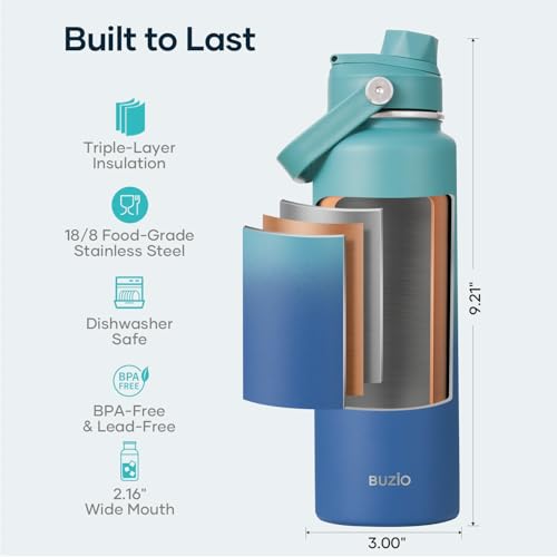 Image of BUZIO 24 oz Insulated Stainless Steel Water Bottle with Straw & Spout Lids