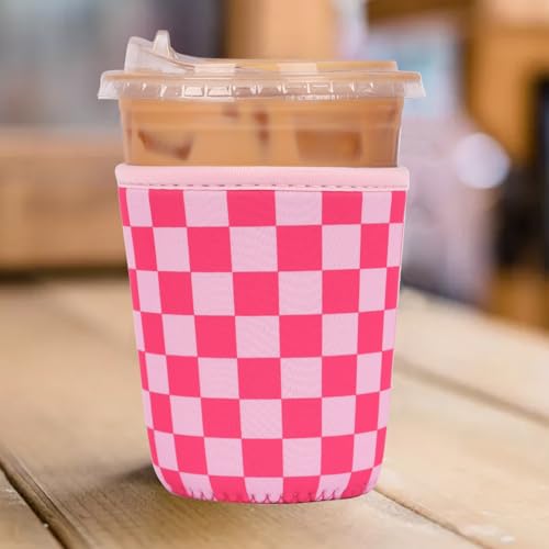 Image of Reusable Insulated Neoprene Iced Coffee Cup Sleeve, Durable Drink Sleeve for Cold Beverages, Beverage Holder for Iced Coffee (Pink Grid)