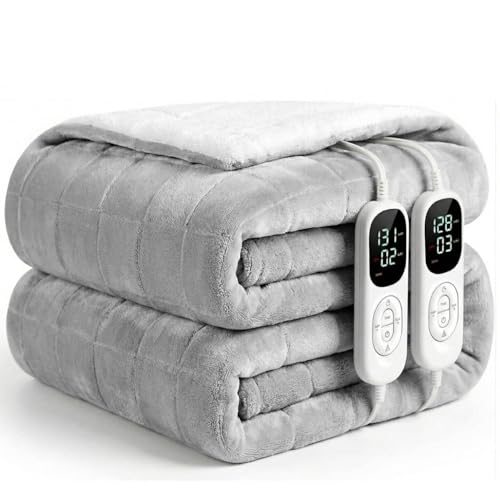 Image of IUUI Heated Blanket Electric King Dual Controller- 90x100 Inches Soft Flannel Heating Blanket,Fast Heating Blanket 6 Heating Levels & 2 Hours Auto Off ETL Certification (Silver Grey, King)