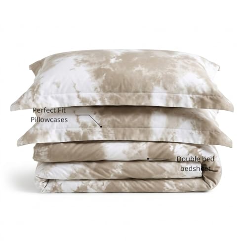 Image of VELOURA Tie-Dye Bedsheet Set, 100% Cotton, King Size 108x108 Inches, 300 Thread Count, with 2 Pillow Covers, Beige