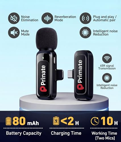 Image of Primate Wireless Lavalier Microphone for YouTube, Vlogging & Interviews, 20M Stable Range, Plug & Play Clip-On Mic with Type-C Receiver for Android, iPhone 15 /16, Camera & Recording 2Pcs