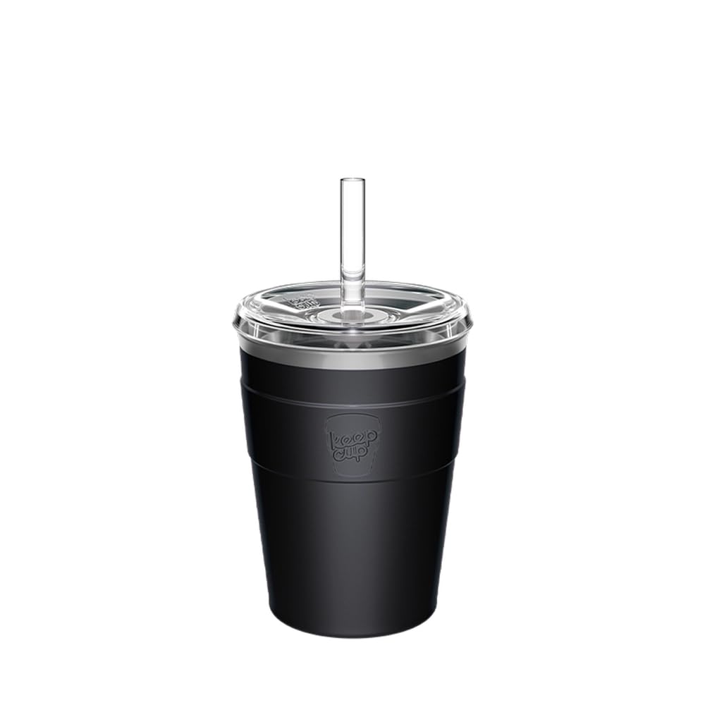 Keepcup Black Thermal Cold Cup - Insulated Stainless Steel Reusable Coffee Cup With Lid And Straw - 12Oz/340Ml - 12Oz/340Ml