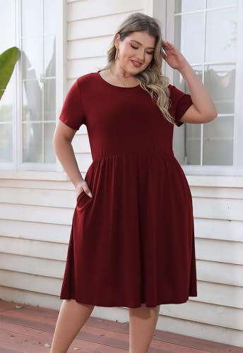 Image of Nemidor Women Plus Size Casual Dress Midi Flt Flare Pocket | Stretch knit,short sleeve,elastic waist,sizes 14-26 Plus,swing for curvy women,summer,vacation,church,brunch,party
