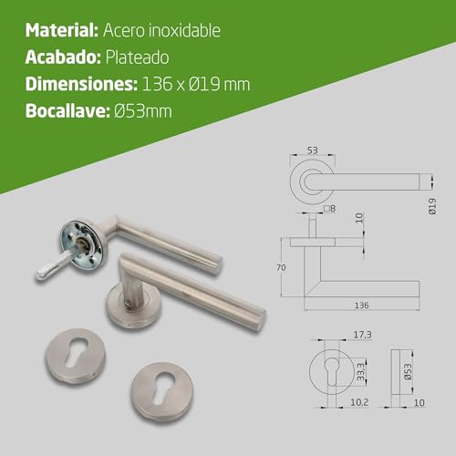 Miniatura 6 de Amig - Juego De Manillas Con Roseta Para Puertas - 136 X Ø19 Mm - Diseño Elegante Y Sencillo - Ideal Para Tu Hogar U Oficina - Acero Inoxidable - Plateado Mate - Incluye Bocallave Para Cilindros