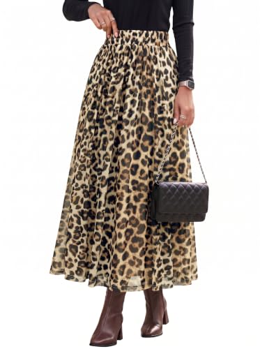 Dokotoo Pleated Skirts for Women Elastic High Waist Maxi Skirt Brown XL