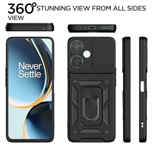 Image of Outlouders Back Cover for OnePlus Nord Ce 3 Lite 5G | D10 Tough Armor 360 Protection Case with Sliding Camera Shield & Ring Holder Stand Bumper Case (Black)
