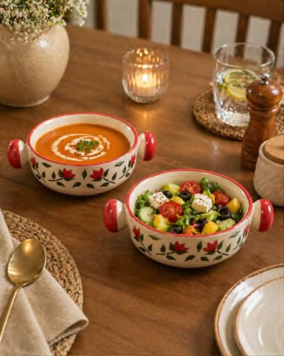 Image of Lupaava Handmade Ceramic Bowl Set of 2 | Printed Serving Bowls for Soup, Snacks, Dessert & Cereal | Microwave & Dishwasher Safe Kitchen Bowls (Multicolor) (Red)