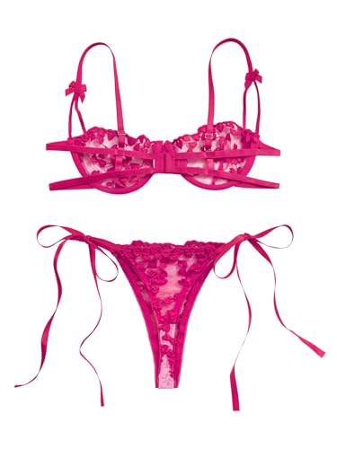 Image of Lilosy Sexy Tie Side Cute Underwire Push Up Strappy Embroidered Mesh Sheer Lingerie Set