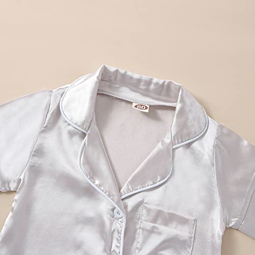 2-Piece Toddler Girl Silk Pajamas Set Cow Print Short Sleeve Button-Up Shirt and Shorts Satin Summer Pajamas3