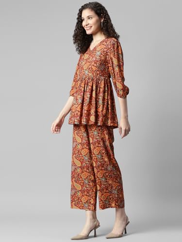 Image of DEEBACO Women's Paisley Print Rayon Top & Pants Co Ord Set For Women V Neck Long Puff Sleeve Ladies Party Casual Wear Fashionable For Girls Loose Fit Cord Set (DBCOMR00001033 XL Multicolor)