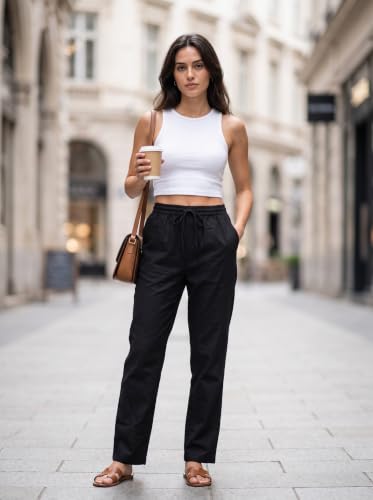 Image of THUMBA Women's Cotton Linen Wide Leg Pants | Elastic Waist Relaxed Fit Trousers | Breathable Summer Palazzo Pant with Pockets| Casual Office Travel Wear