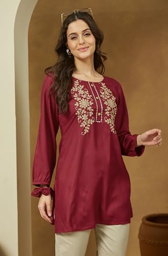 Image of Janasya Women's Maroon Rayon Embroidered Straight Short Kurti