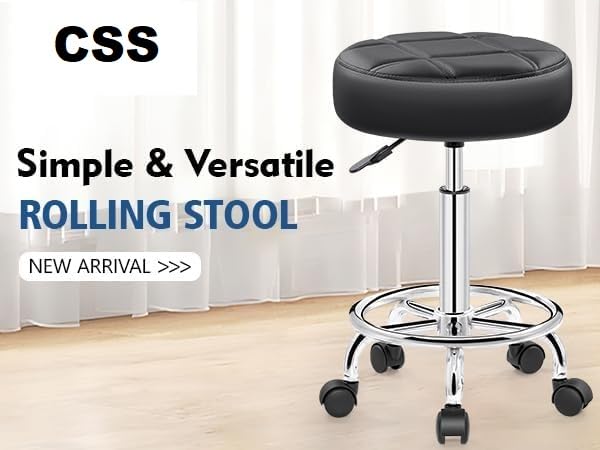 Image of Css Rolling Stool with Wheels, PU Leather Small Office Chair with Foot Rest,Versatile Adjustable 18-23 Inch Swivel Stool for Tattoo Massage Salon Spa Teach Medical Facial Office Home Drafting Kitchen