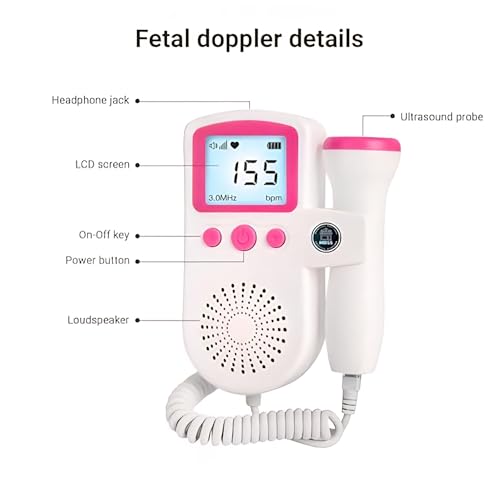Image of Fetal Doppler Monitor, Portable Pregnancy Heartbeat Detector, White with Pink Buttons, Digital Display, Battery Operated, Complete Kit with User Manual and 2 AA batteries, Ultra Sound Gel Model HH-T10