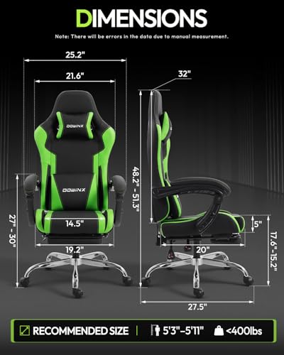 Image of Dowinx Ergonomic Gaming Chair with Footrest & Massage Lumbar, 2D-Linkage Armrests for Computer Chair 330lbs with Headrest Pillow for Office, Home, Streaming and Long Gaming Sessions, Green
