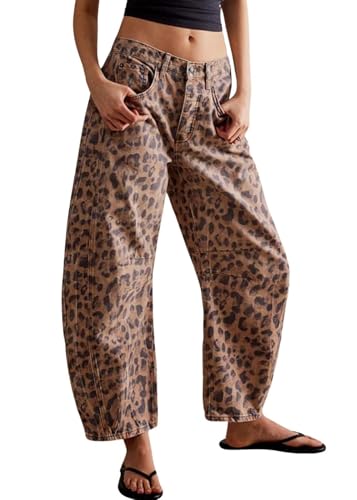 Womens Stretchy Mid Rise Barrel Jeans Vintage Loose Wide Leg Cropped Denim Pants Y2k Baggy Boyfriend Jeans