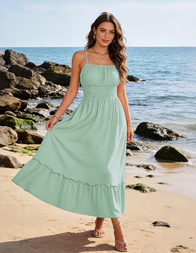 Image of GRACE KARIN Women's Summer Maxi Dress 2026,Smocked Ruched Bust Sundress with Adjustable Straps & Pockets-Beach Vacation Dress