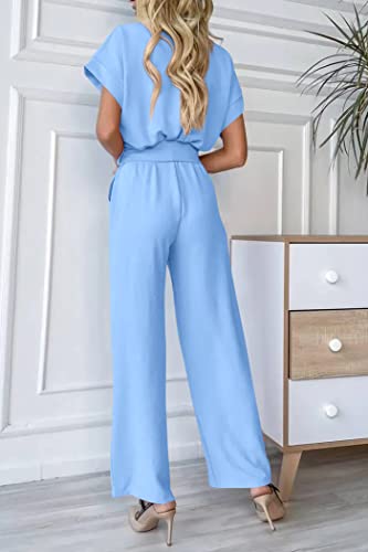 PRETTYGARDEN Women's Summer One Piece Jumpsuits Belted Short Sleeve Wrap V Neck Fashion Dressy Casual Wide Leg Pants Romper