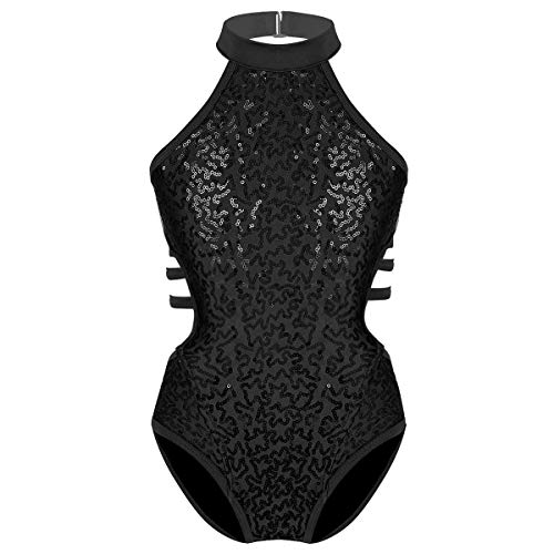 Daenrui Kids Girls Shiny Sequins Gymnastics Leotards Halter Cutouts Athletic Yoga Ballet Bodysuit Dancewear Black 14 Years