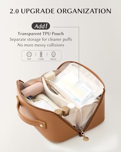 Image of EACHY Travel Makeup Bag, Large Capacity Cosmetic Bag for Women, Waterproof PU Leather, Flat Open Portable Toiletry Bag for Skincare, Brushes & Travel Essentials