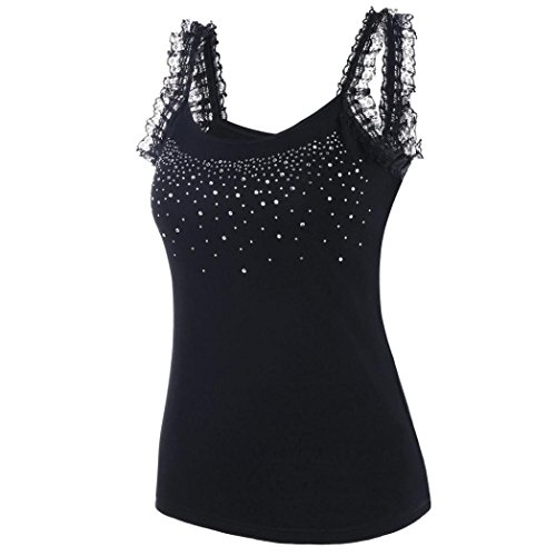 SMILEQ Fashion Cami Vest Womens Rhinestone Lace Insert Fitted Tank Tops Shirt Blouse Camisole (2XL, Black)