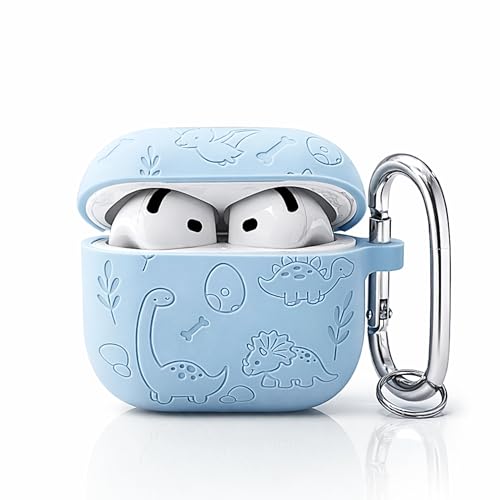 Image of Emoh Roced Case for Airpod 4 with Keychain,Silicone Dinosaur Engraved Cases Compatible with Apple AirPods 4th Generation 2024, Anti-Scratch, Protective Case Cover (Sky Blue, for AirPods 4)