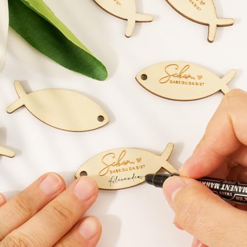 BOFUNX 30 Stücke Holz Geschenkanhänger Schön Dass Du Da Bist Holzanhänger Fischform Holzscheiben Holzdeko Streudeko für Kommunion Konfirmation Taufe