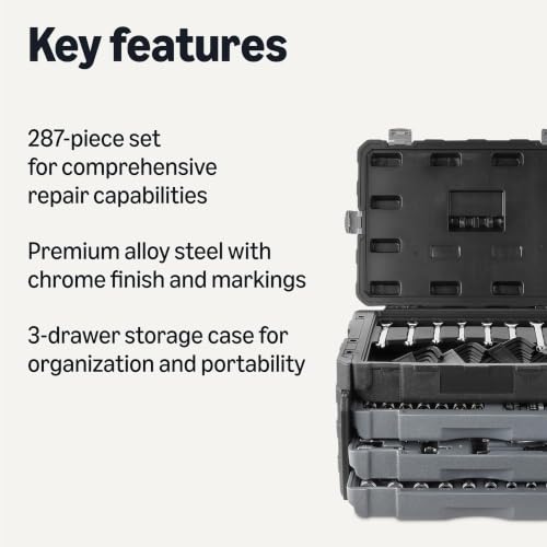 Image of Amazon Basics 287-Piece Mechanic Socket Set with Quick-Release Ratchets, Wrenches, Bits, 1 /4 inch 3 /8 inch 1 /2 inch, Metric and SAE, 3-Drawer Case, for Auto and Machine Repairs