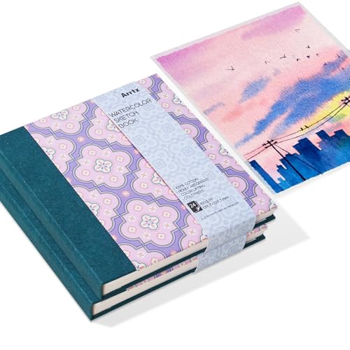 2 Pack Arrtx Square Watercolor Sketchbook, 5.47x5.47'', 140 LB, 300 GSM, 100% Cotton Paper, Cold Press, 48 Sheets, Hardcover Watercolor Journal for Use As Travel Notebook for Artists Adults