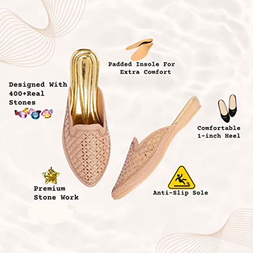 Image of Bellies for Women |Slip on Juttis Soft Padded |Stonework Mules for Ladies| Sparkling Upper |Back Open Casual Flats| Stylish Footwear Sandals for Ladies|Punjabi Mojari Half Shoes