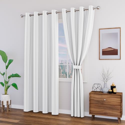 Image of Blackout Window Curtain with Tie Back 6 feet 2 Pcs | Room Darkening, Thermal Insulated, Noise Reducing Heavy Polyester Solid Curtain (White Colour)