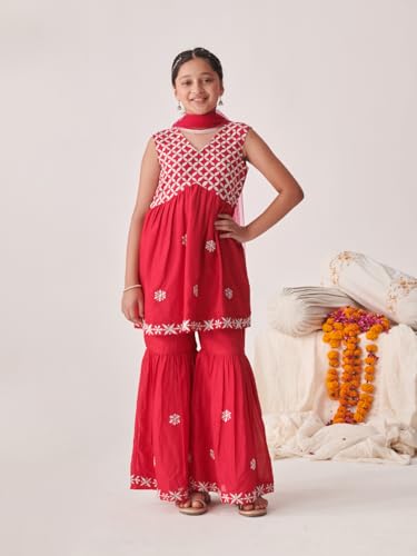 Pspeaches Girl's Silk Blend Sharara Set (Sha-Redchikankari-8-10Y_Red
